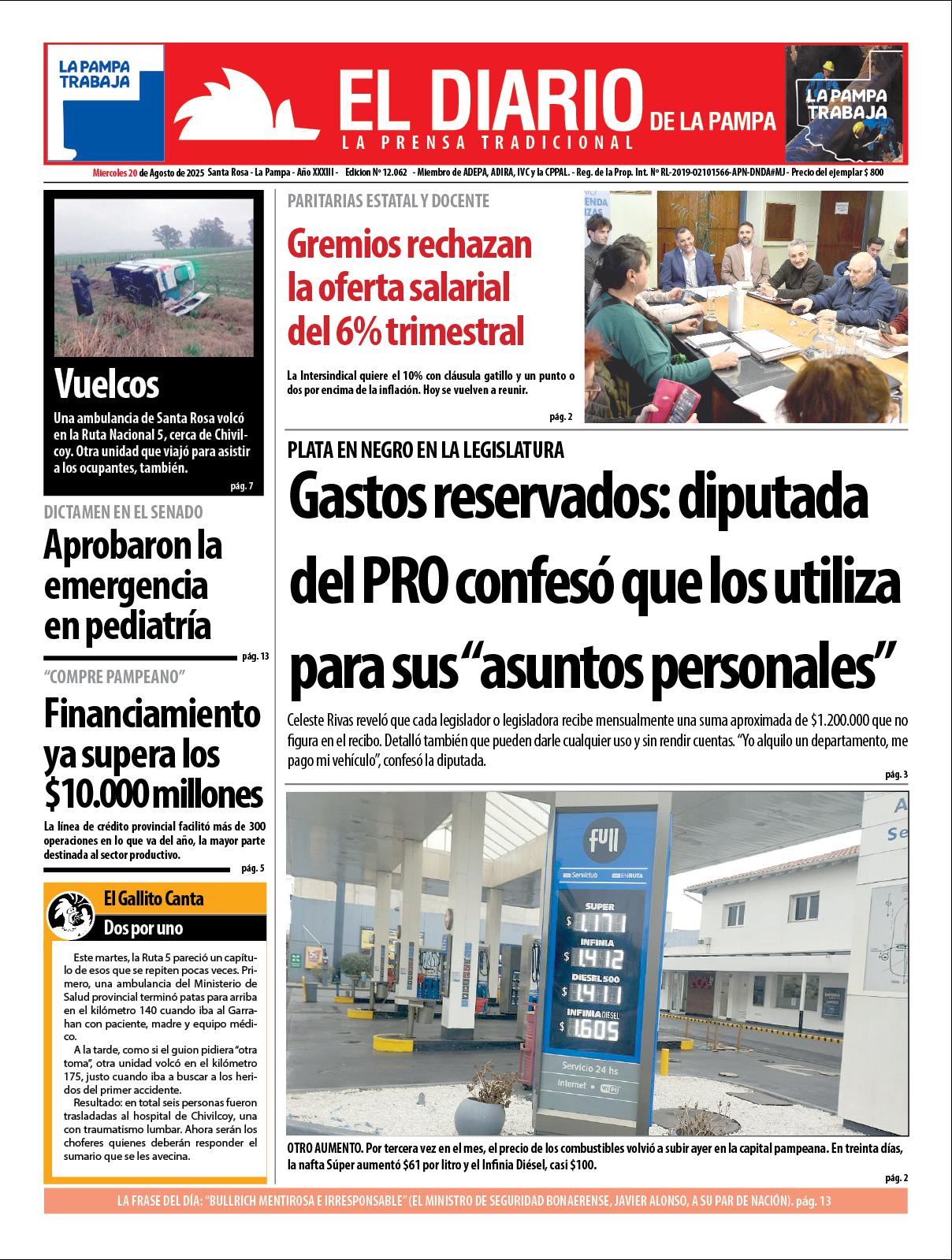 Tapa de El Diario en papel  mieacutercoles 20 de agosto de 2025